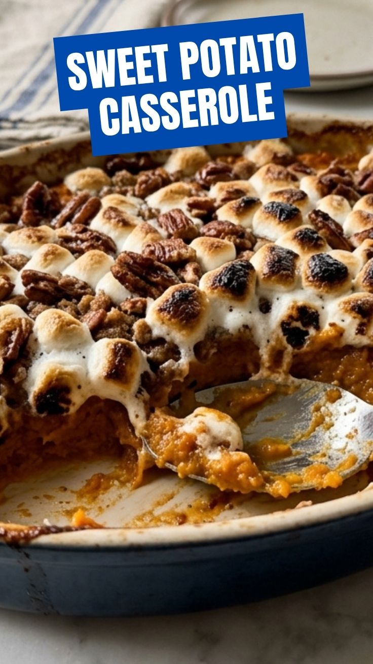 A bubbling sweet potato casserole, golden brown and topped with marshmallows.