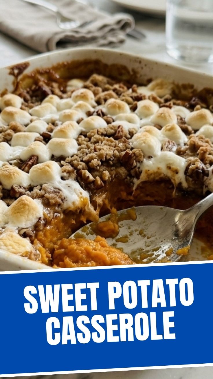 A bubbling sweet potato casserole topped with toasted marshmallows, ready to serve.