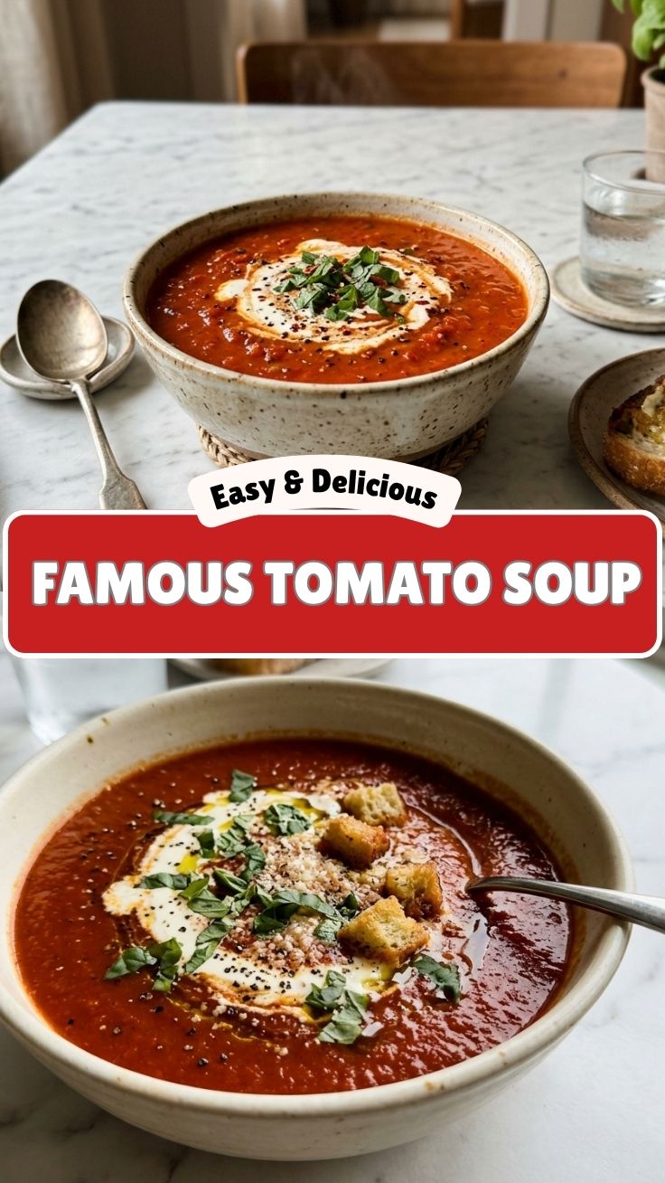 A steaming bowl of rich tomato soup, garnished exquisitely