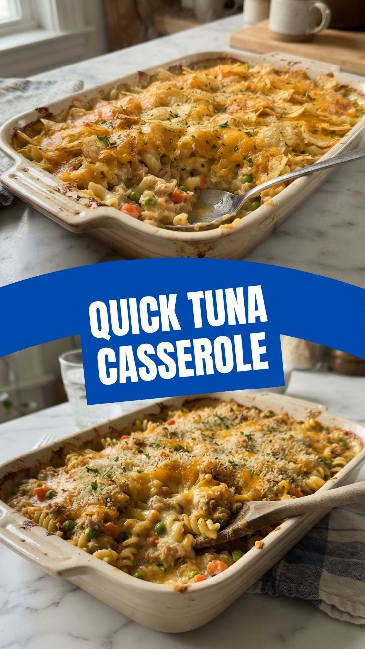 A hot tuna casserole dish, freshly baked with a golden-brown topping