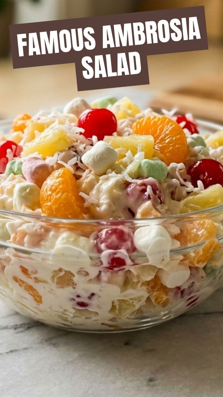 Creamy Ambrosia Salad with marshmallows and fruit in a glass bowl