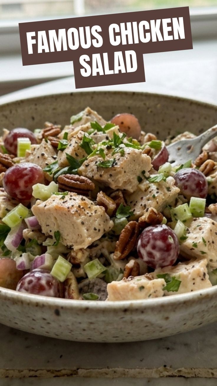 Creamy chicken salad in a bowl with fresh herbs and celery