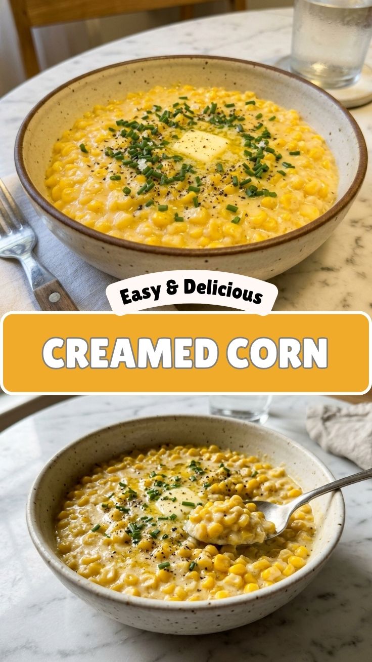 A creamy bowl of homemade creamed corn garnished with fresh herbs