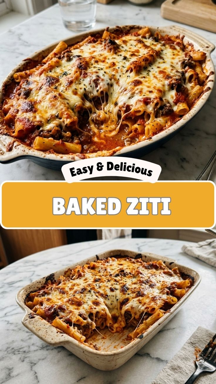A steaming dish of baked ziti with melted cheese and rich tomato sauce.