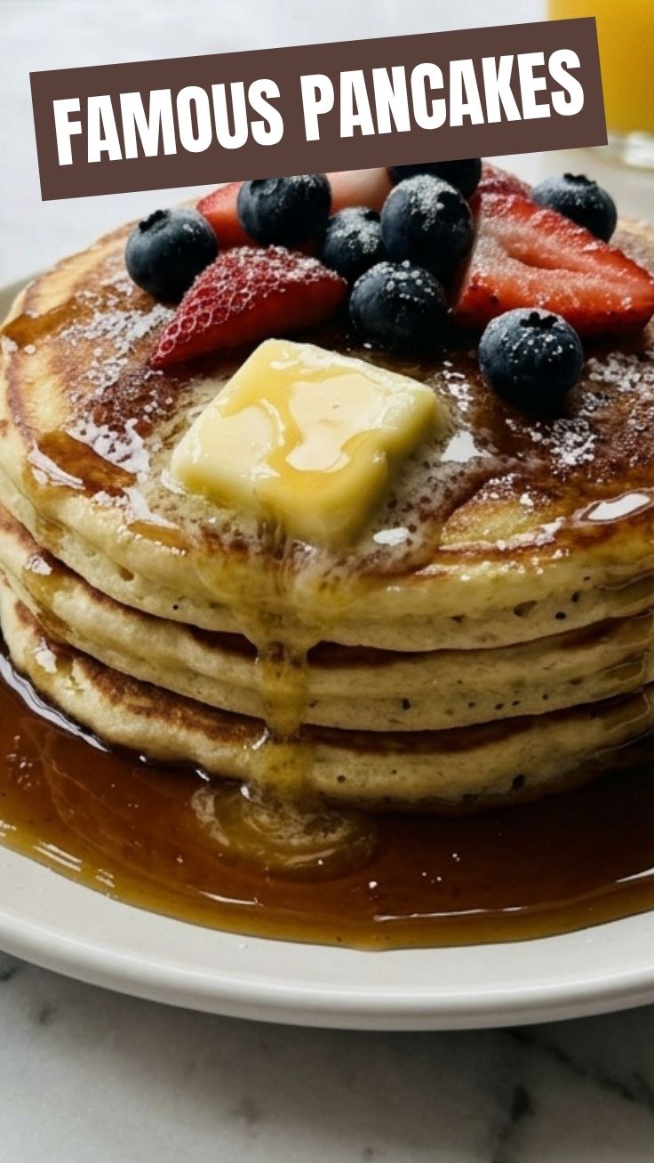 A tall stack of fluffy pancakes with butter melting