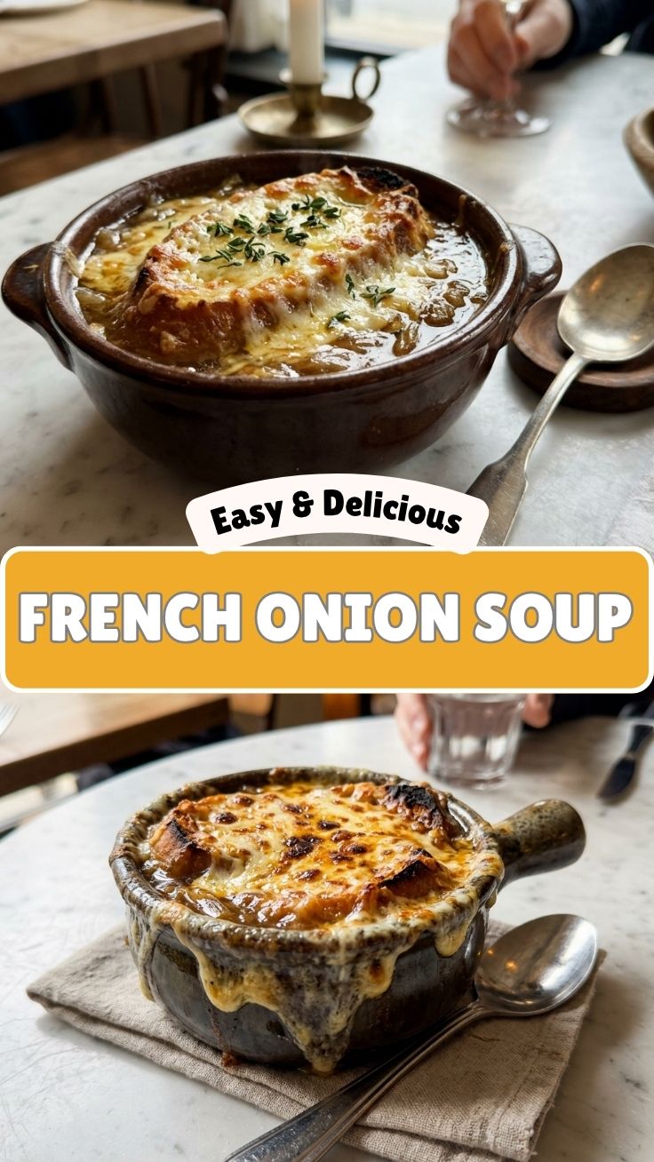 French Onion Soup with melted Gruyère cheese