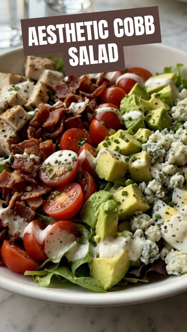 Fresh Cobb Salad with rows of colorful ingredients on a platter
