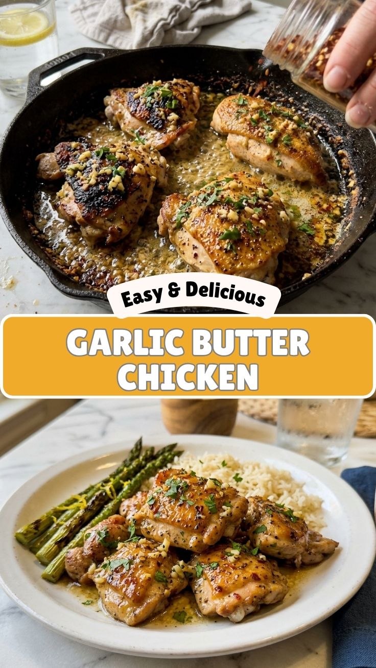 A perfectly cooked garlic butter chicken dish, golden brown and glistening.