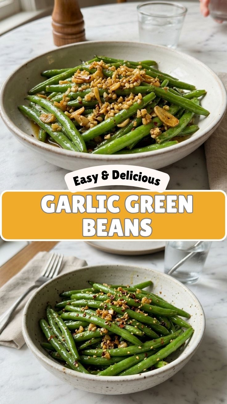 Garlic green beans sautéed in a skillet with garlic cloves