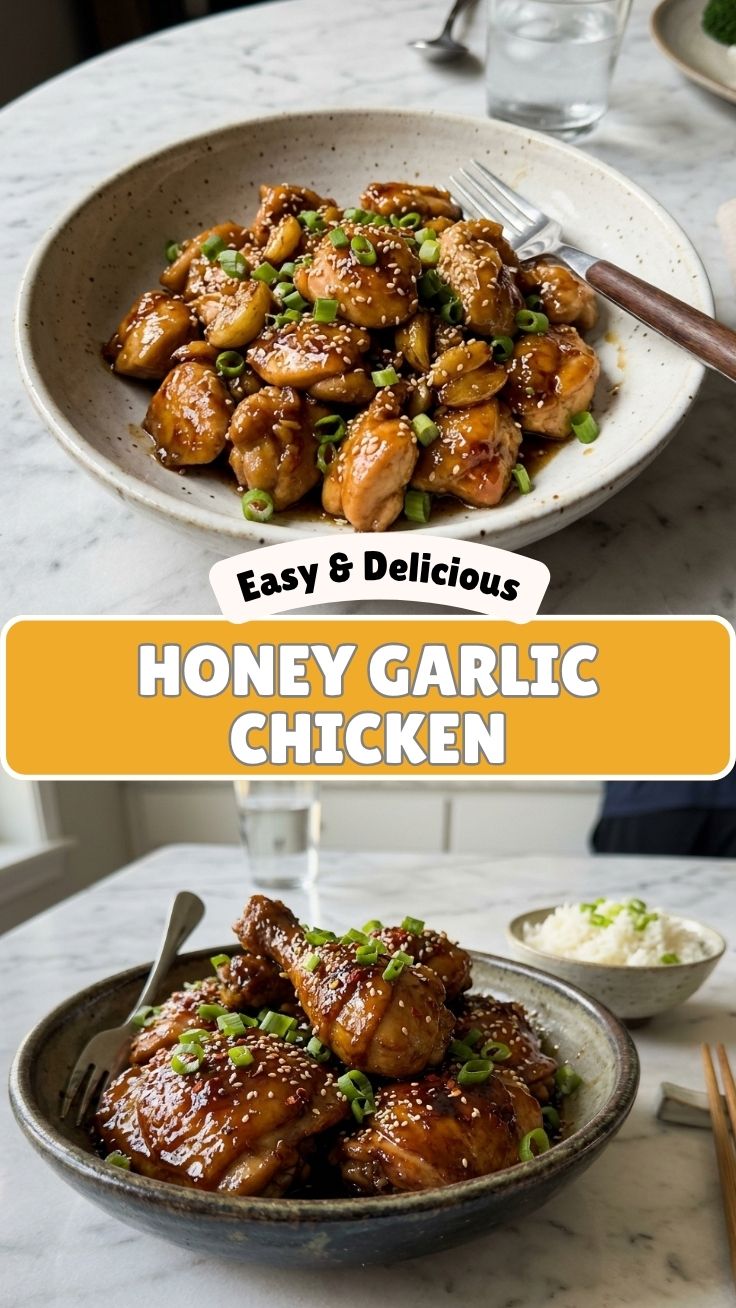 A serving of glazed honey garlic chicken on a plate, garnished with fresh herbs.
