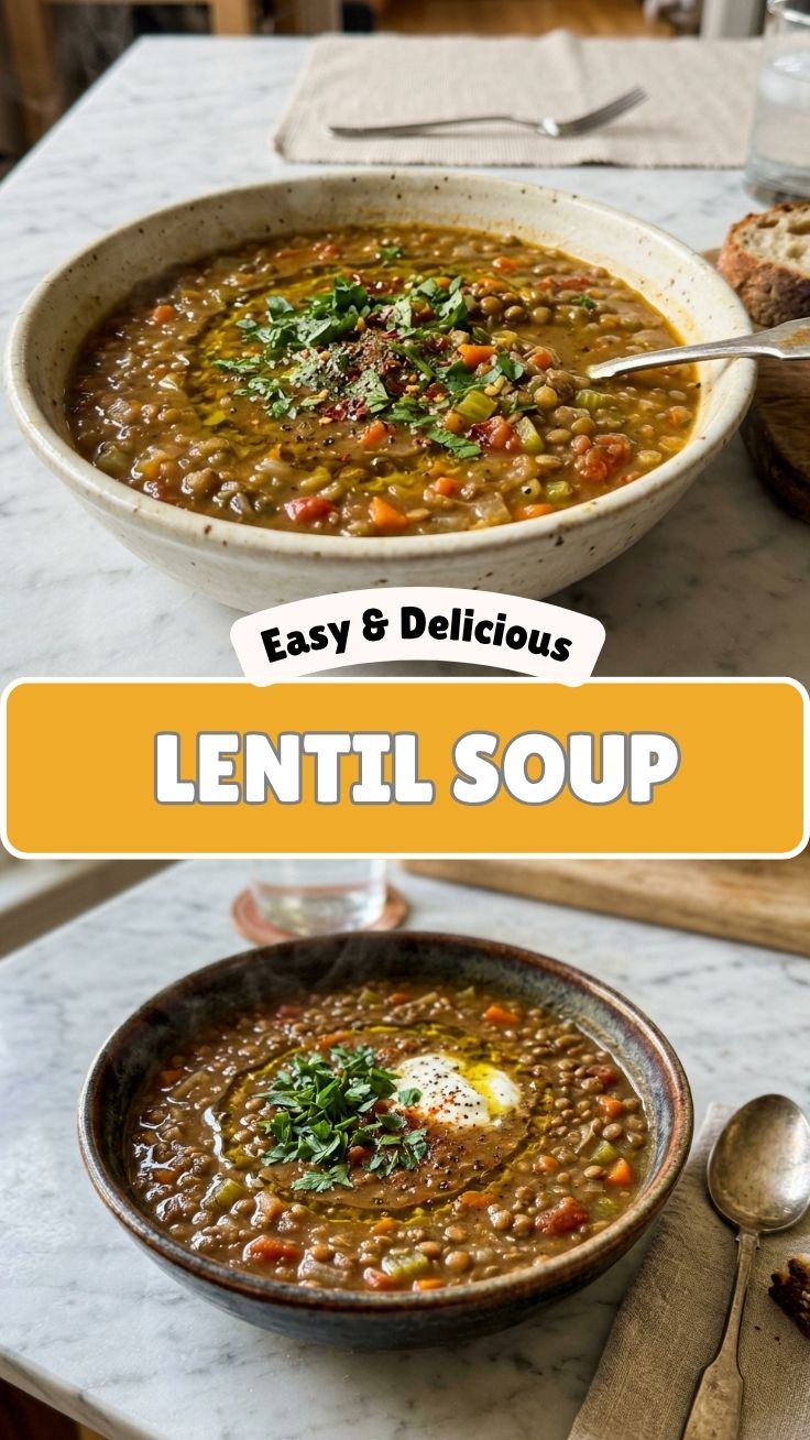 Warm bowl of lentil soup with fresh herbs