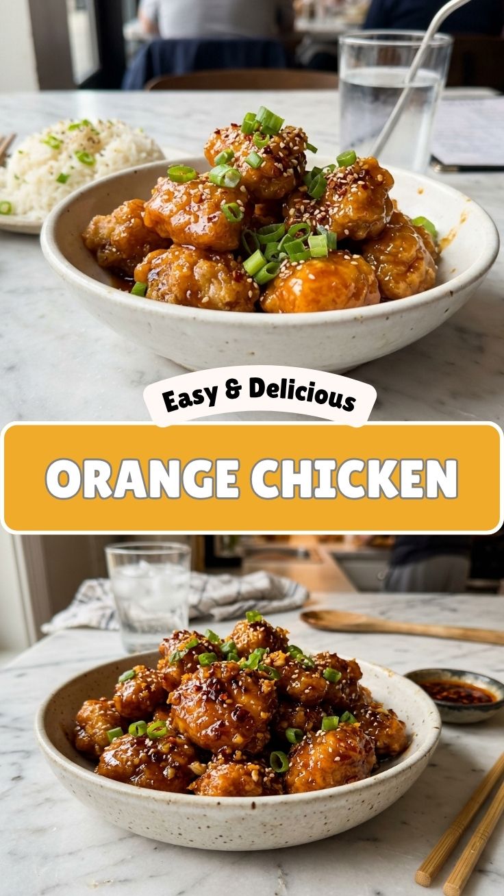 A close-up of crispy orange chicken pieces glazed with a tangy sauce, garnished with sesame seeds and green onions.