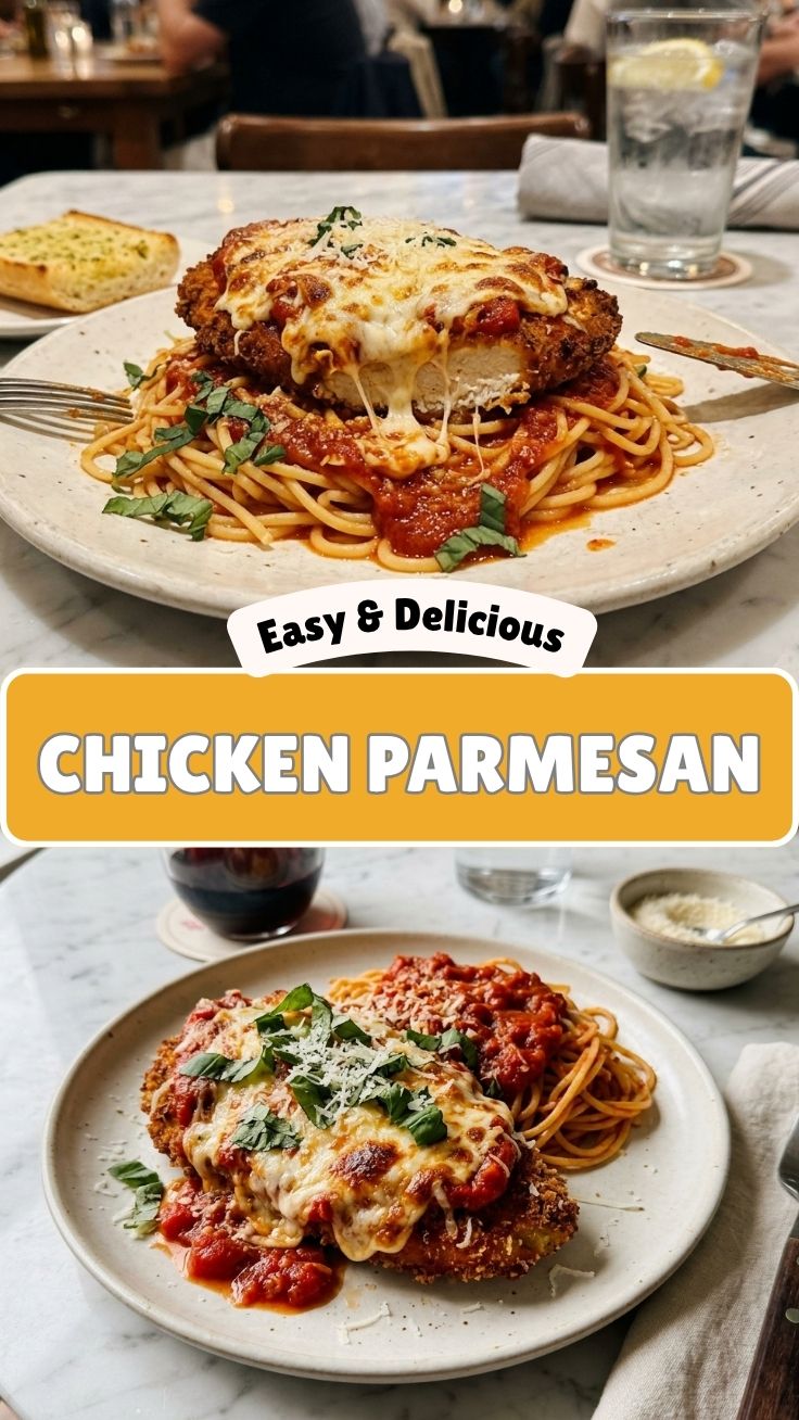 A serving of chicken parmesan topped with melted cheese and marinara sauce.