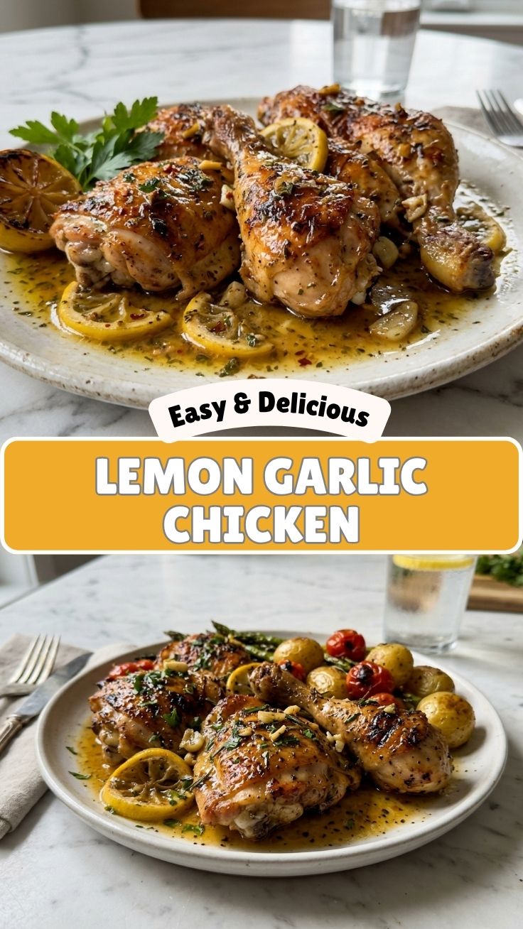 A serving of flavorful lemon garlic chicken with herbs on a white plate.