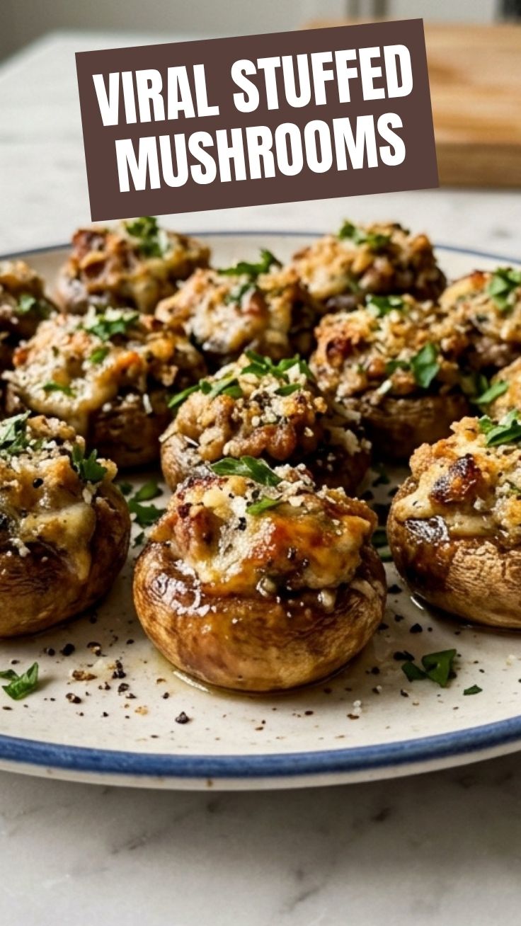 A platter of freshly prepared stuffed mushrooms, garnished with herbs.