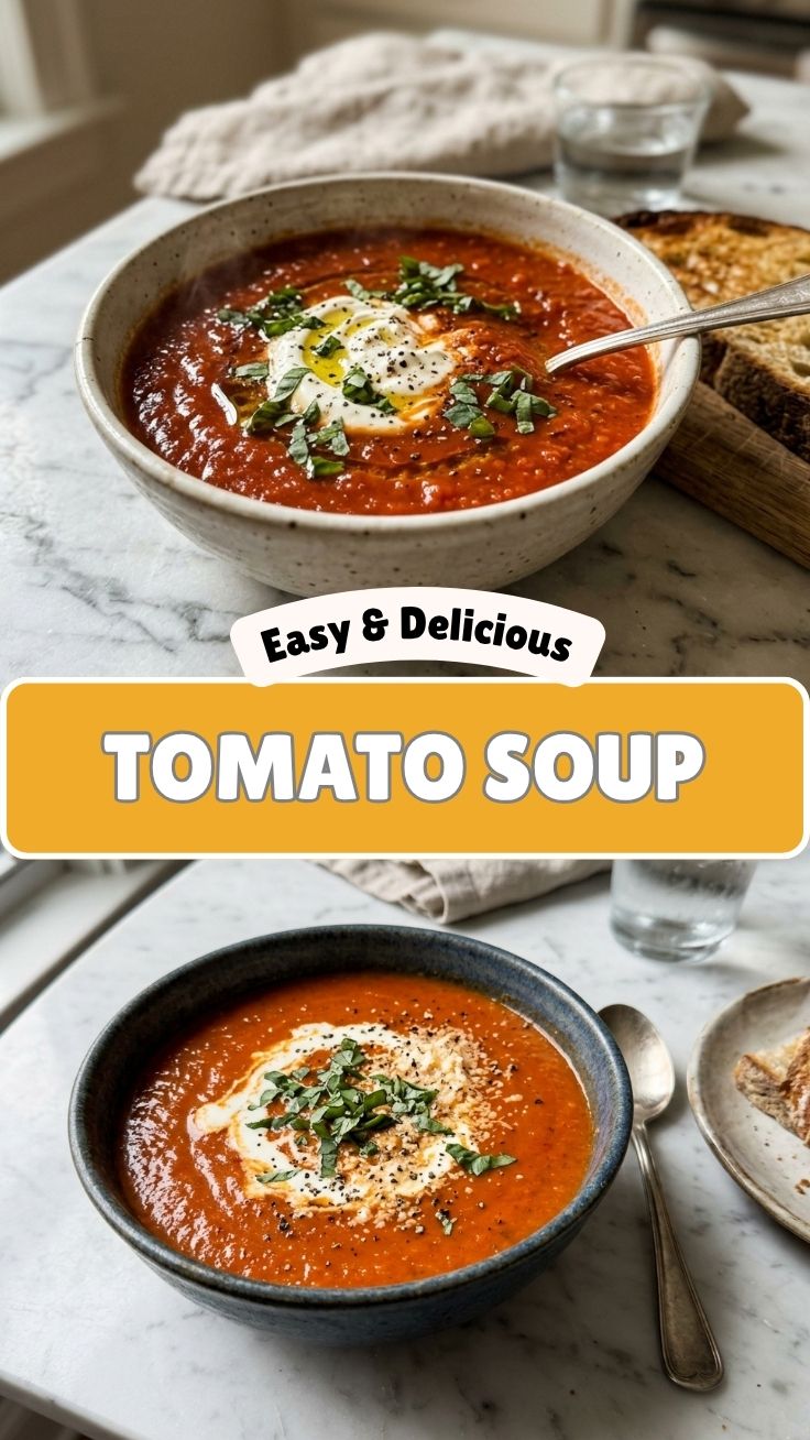 Steaming bowl of warm tomato soup with fresh herbs