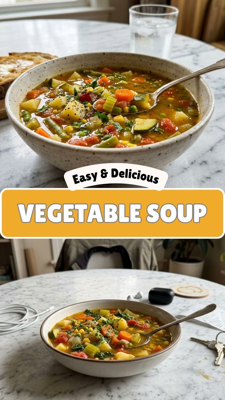 Warm vegetable soup bowl with fresh herbs